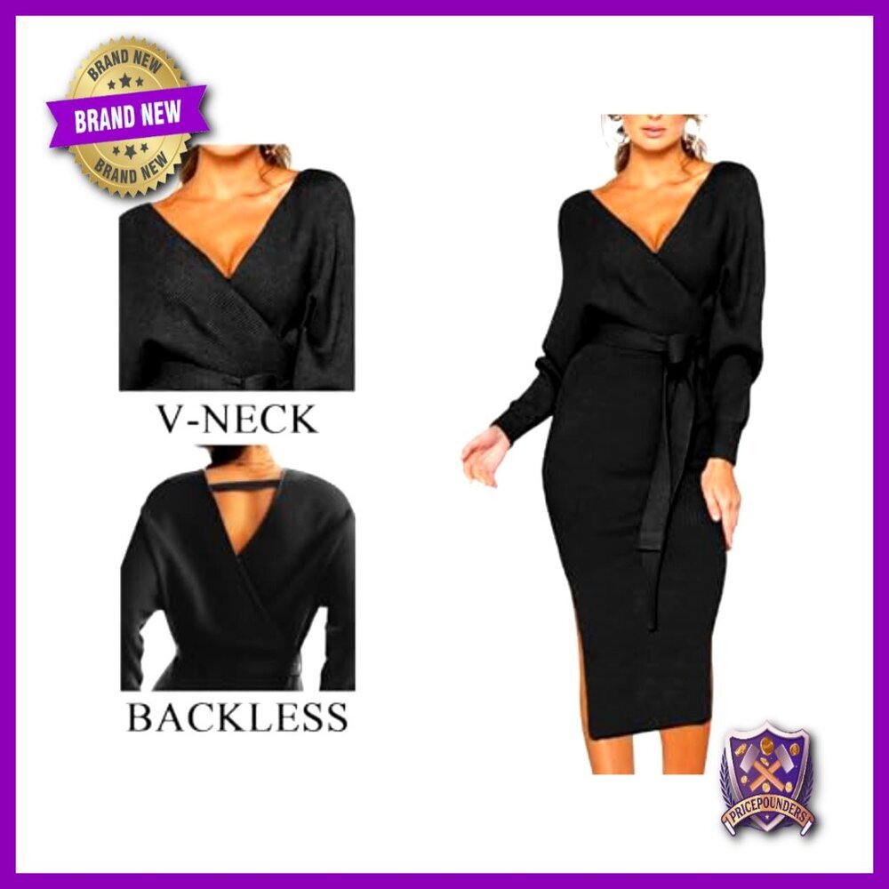 V-Neck Batwing Sleeve Backless Bodycon Midi Dress with Belt - Picture 5 of 7